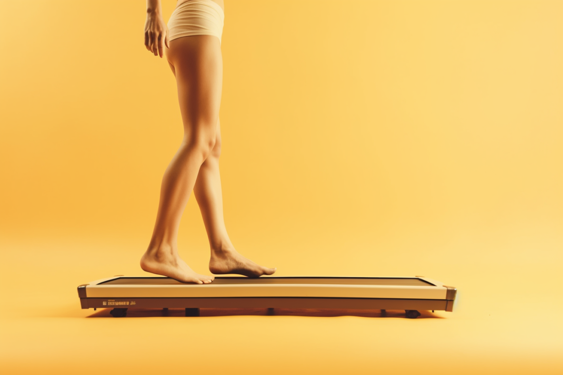 Barefoot walking on treadmill on yellow background.