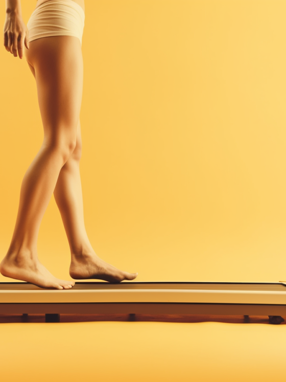 Barefoot walking on treadmill on yellow background.