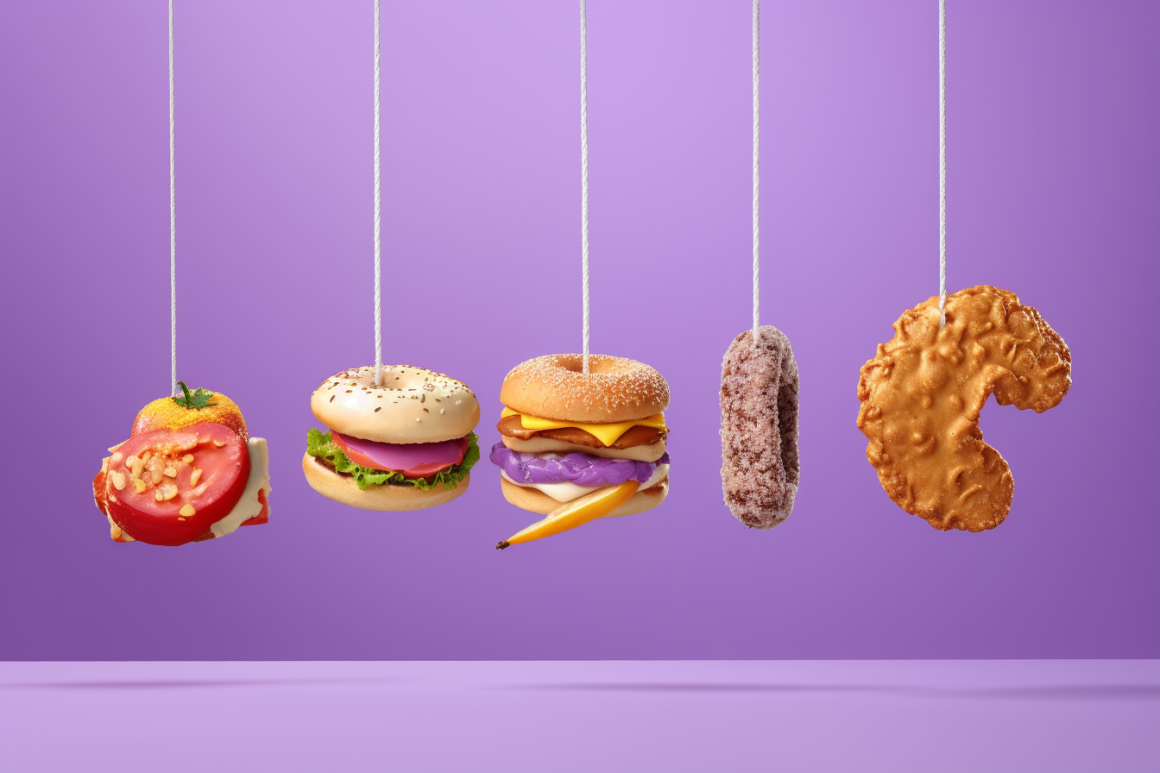 How many calories does 20,000 steps burn? Unhealthy food that you could eat with those calories hanging from string.