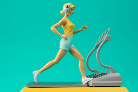 How loud is a walking treadmill? Action figure racking up steps on an under desk treadmill.
