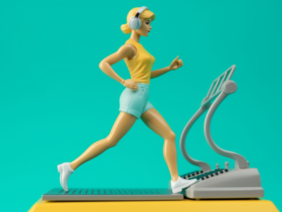 How loud is a walking treadmill? Action figure racking up steps on an under desk treadmill.