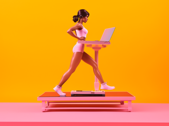 An action figure woman working hard on an under desk treadmill.