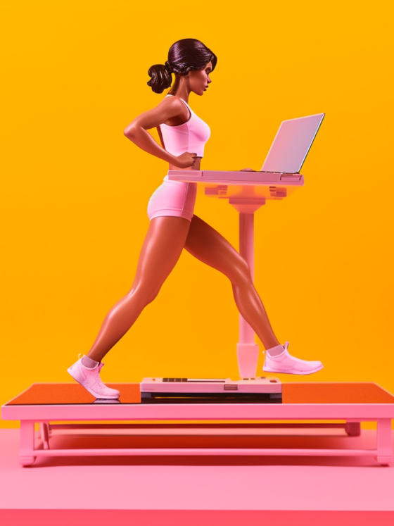 An action figure woman working hard on an under desk treadmill.